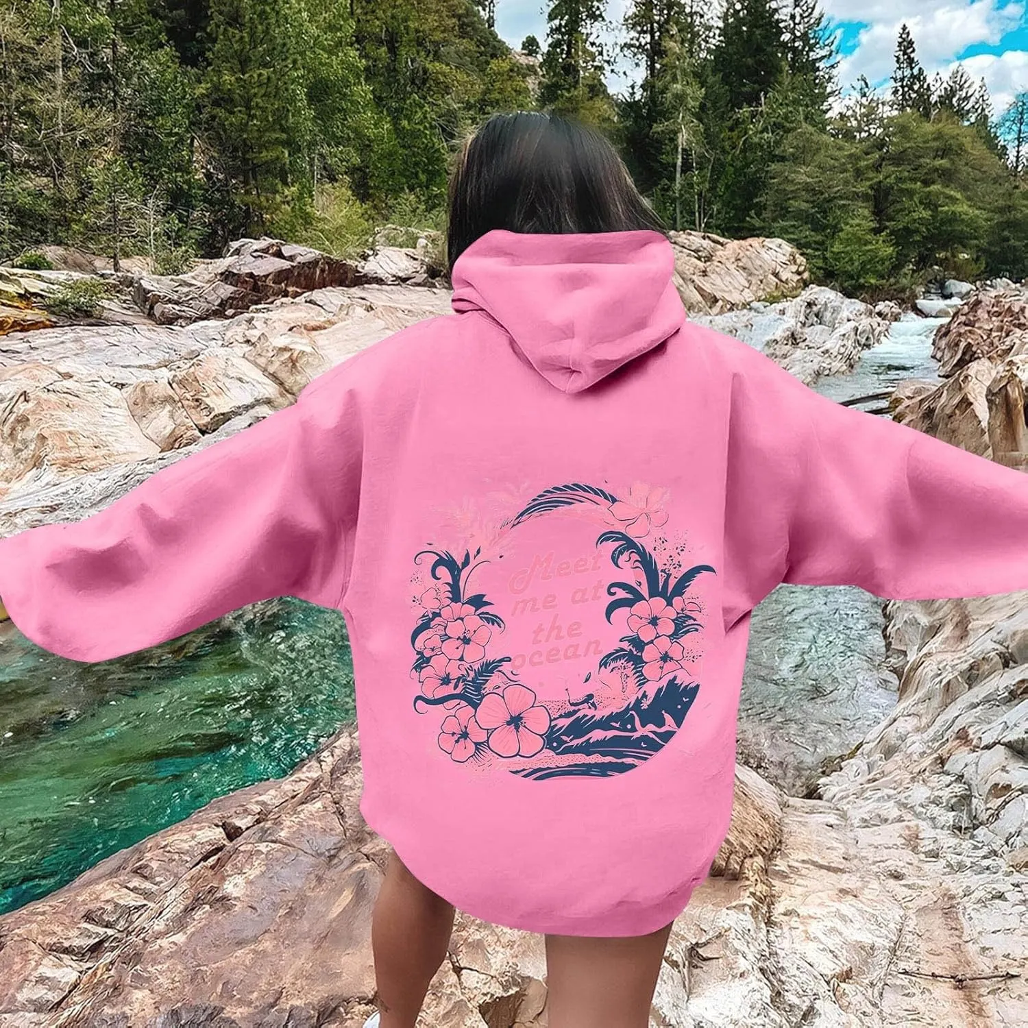 Unisex Oversized Hoodies Long Sleeve Palm Puff Preppy Sweatshirt Drawstring Cute Print Casual Graphic Hoodie