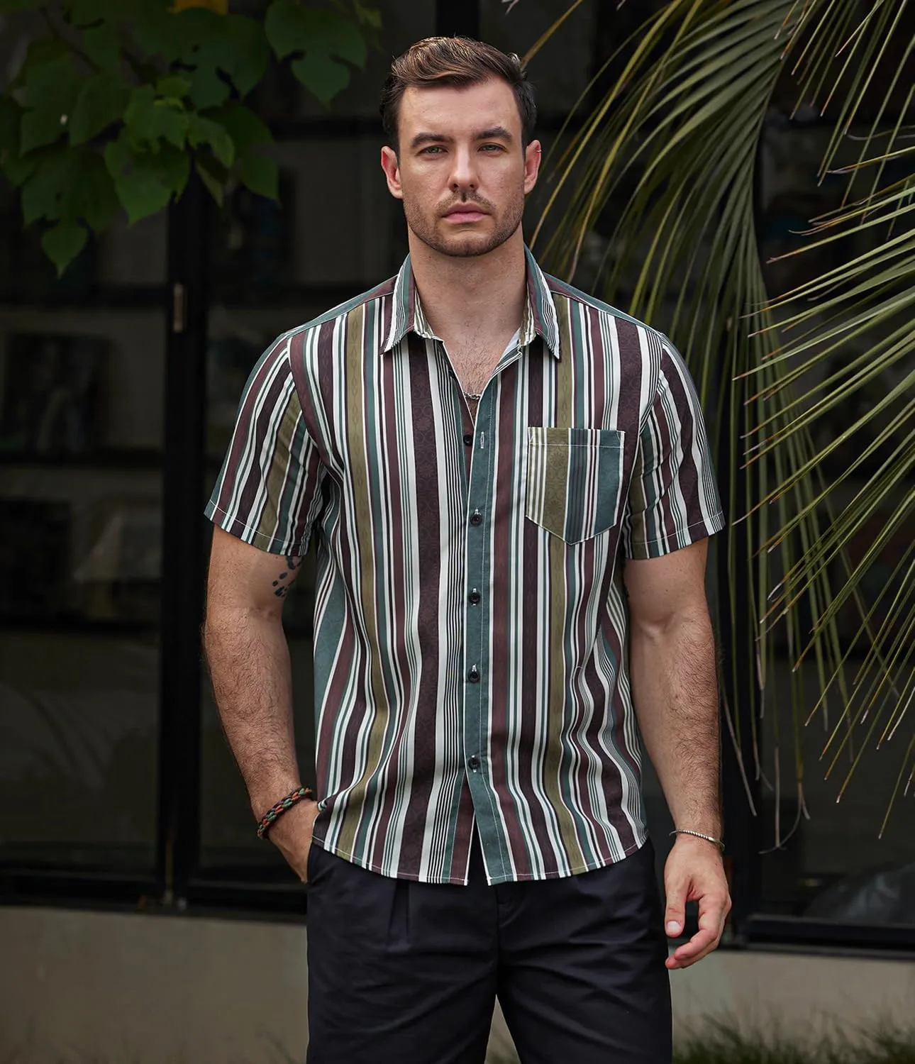 VATPAVE Mens Striped Summer Shirts Casual Button Down Short Sleeve Beach Stylish Untucked Hawaiian Shirts