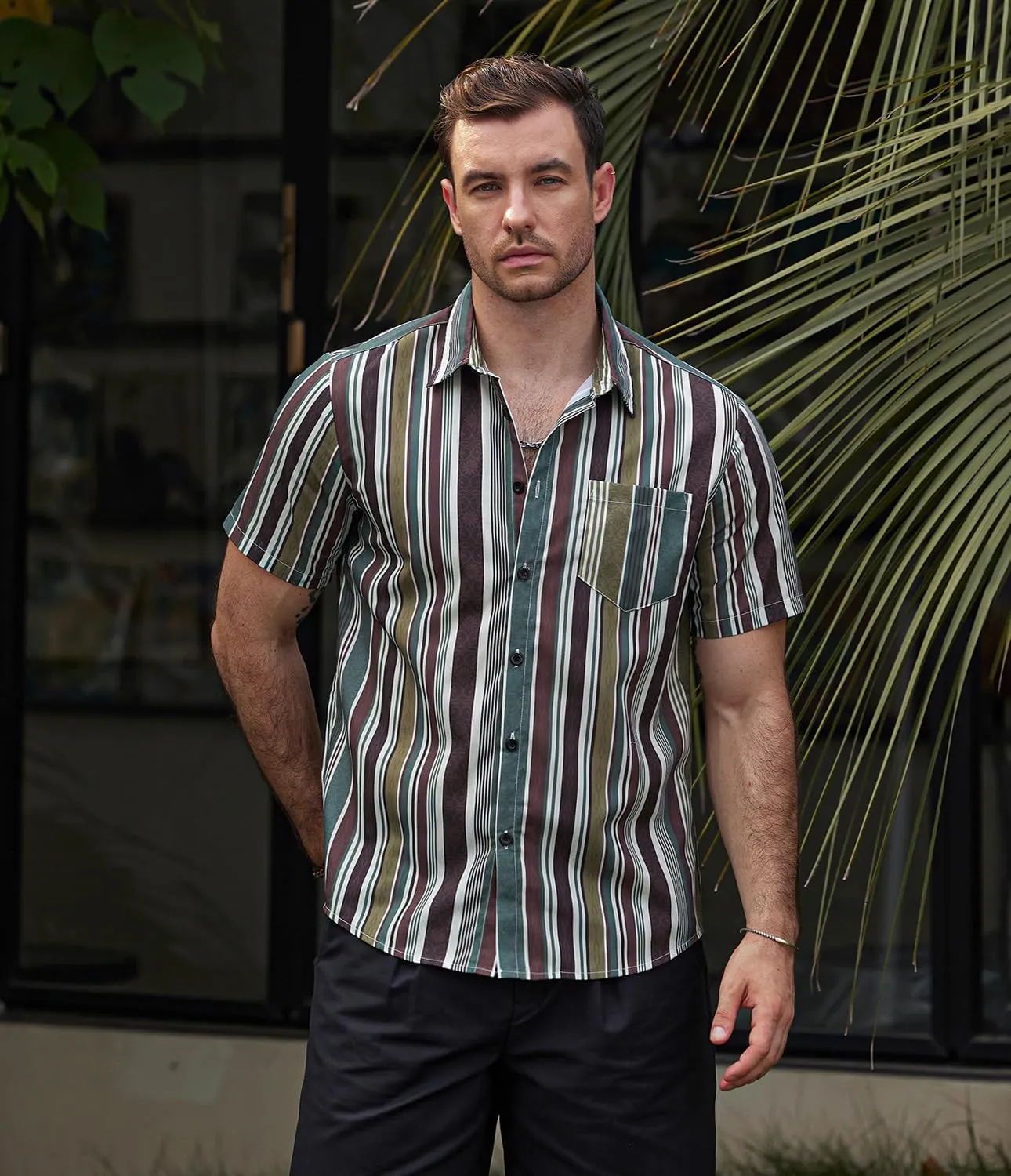 VATPAVE Mens Striped Summer Shirts Casual Button Down Short Sleeve Beach Stylish Untucked Hawaiian Shirts