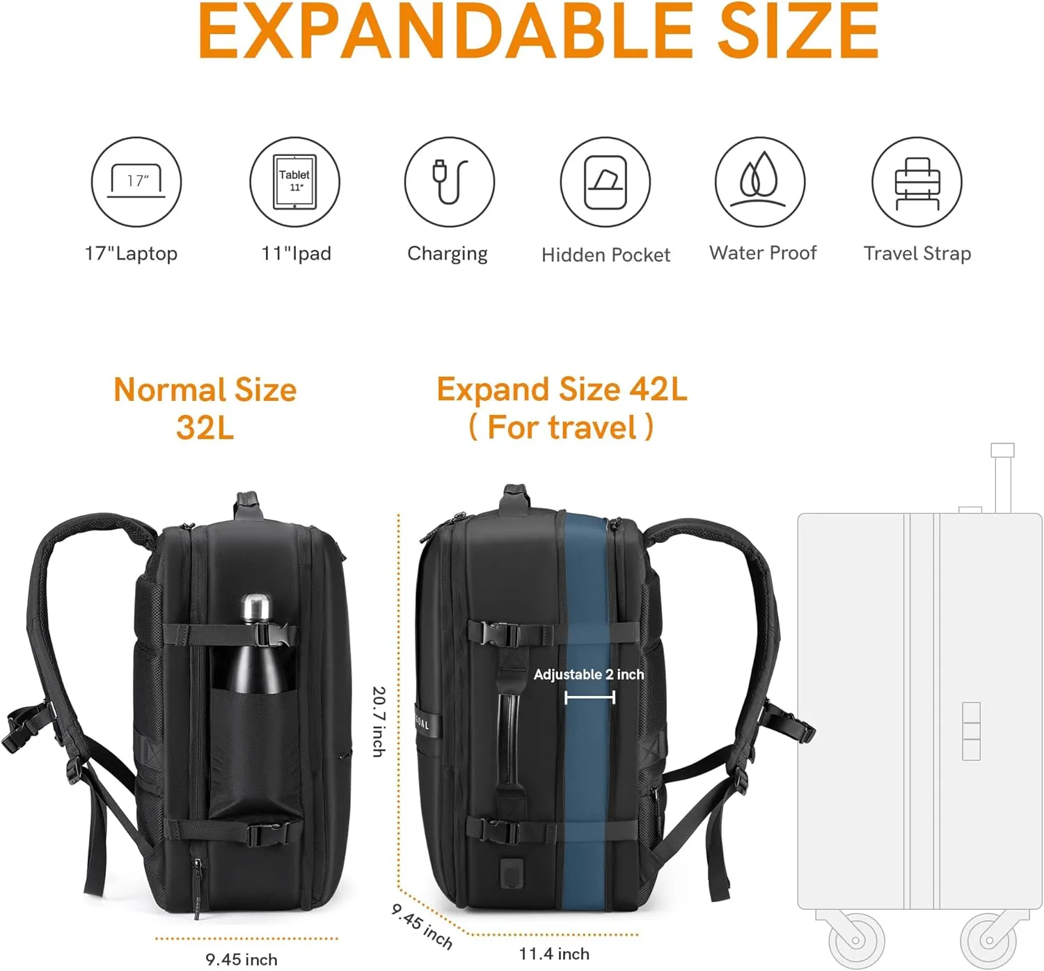 VGOAL Carry On Backpack, 40L Travel Backpack Expandable With 4 Packing Cubes, Weekender Backpack for 17 Inch Laptop