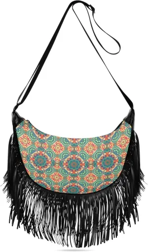 Vintage Abstract Flowers Fringe Bag for Women Cross Body Bag Tassel Shoulder Bag Satchel