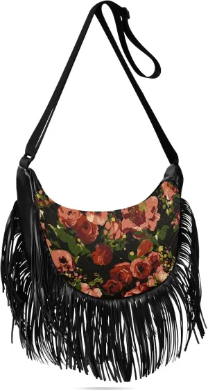 Vintage Autumn Flower Floral Fringe Bag for Women Cross Body Bag Tassel Shoulder Bag Satchel