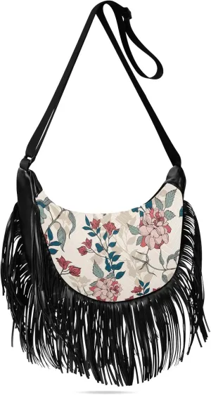 Vintage Flower Leaves Fringe Bag for Women Cross Body Bag Tassel Shoulder Bag Satchel