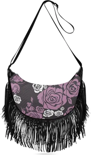 Vintage Flower Purple Rose Fringe Bag for Women Cross Body Bag Tassel Shoulder Bag Satchel