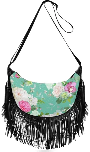Vintage Flowers Leaves Fringe Bag for Women Cross Body Bag Tassel Shoulder Bag Satchel