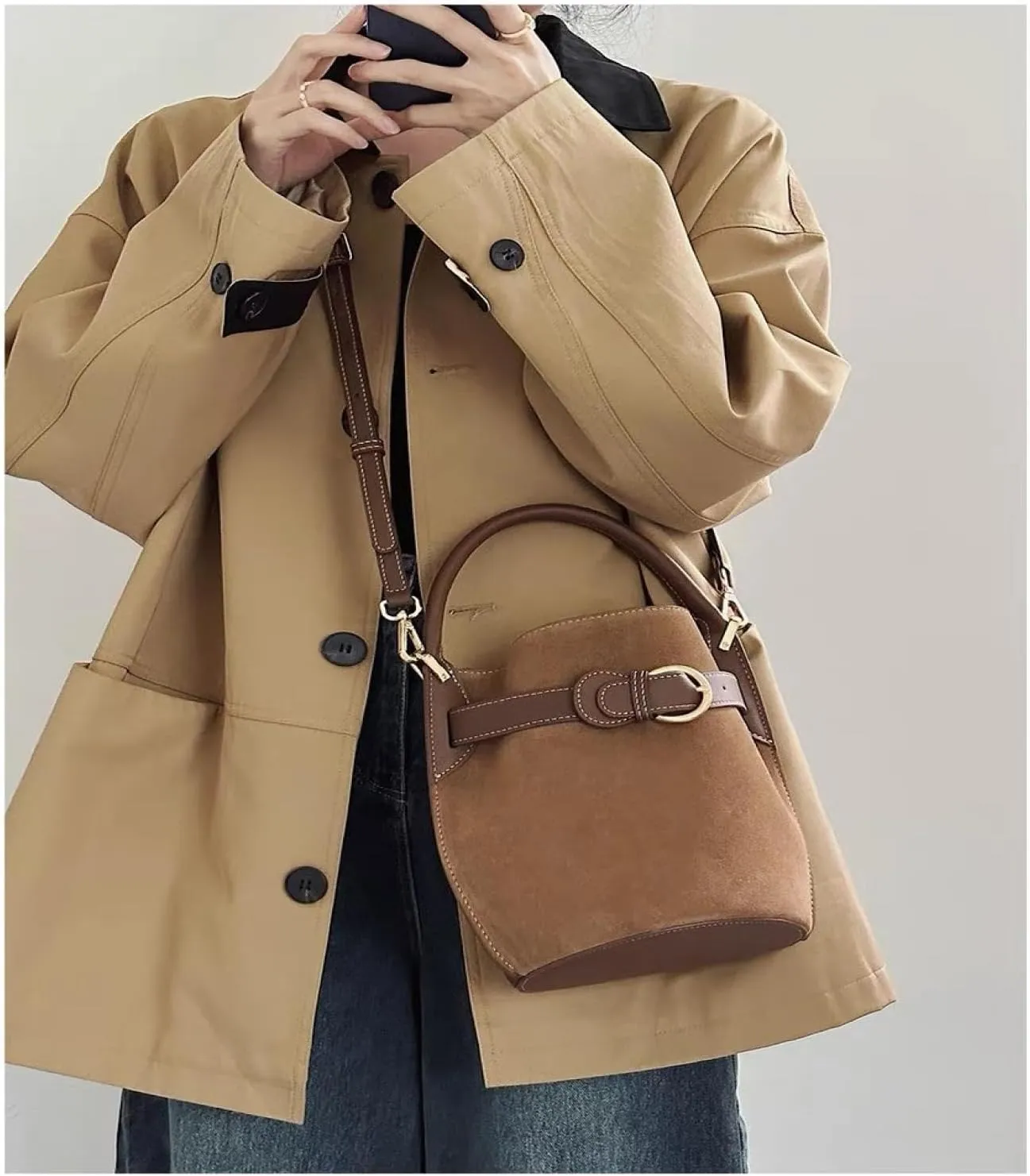 Vintage Frosted Cowhide Bucket Bag for Women Genuine Leather Y2k Crossbody Top Handle Shoulder Bag