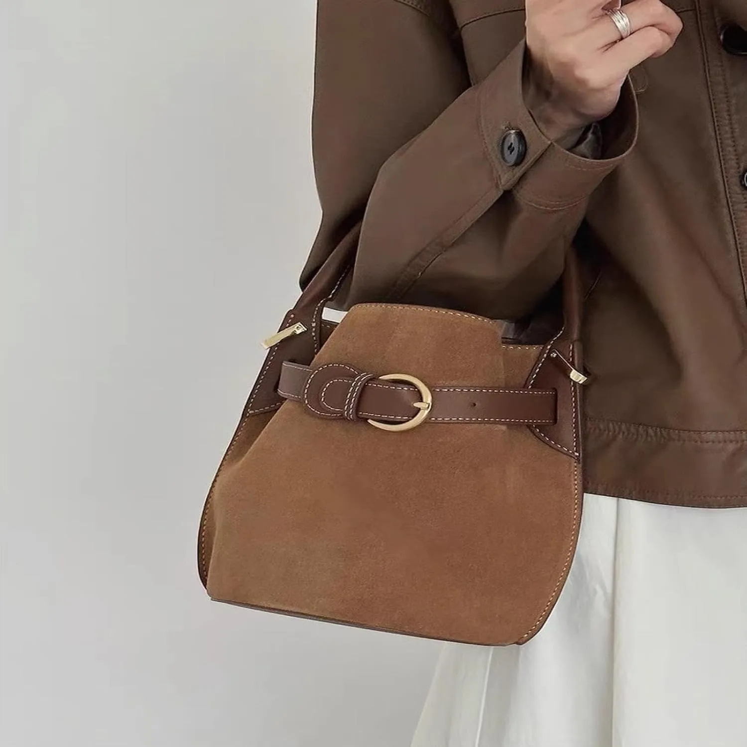 Vintage Frosted Cowhide Bucket Bag for Women Genuine Leather Y2k Crossbody Top Handle Shoulder Bag
