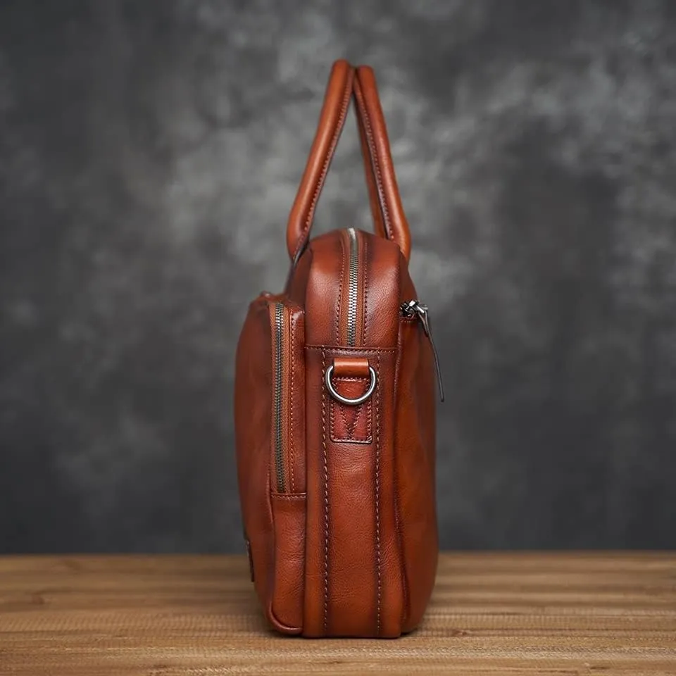 Vintage Genuine Leather Bag Briefcase Men's Shoulder Bag Man Handbag Brown Red Casual 15.6 Inch Laptop Bag