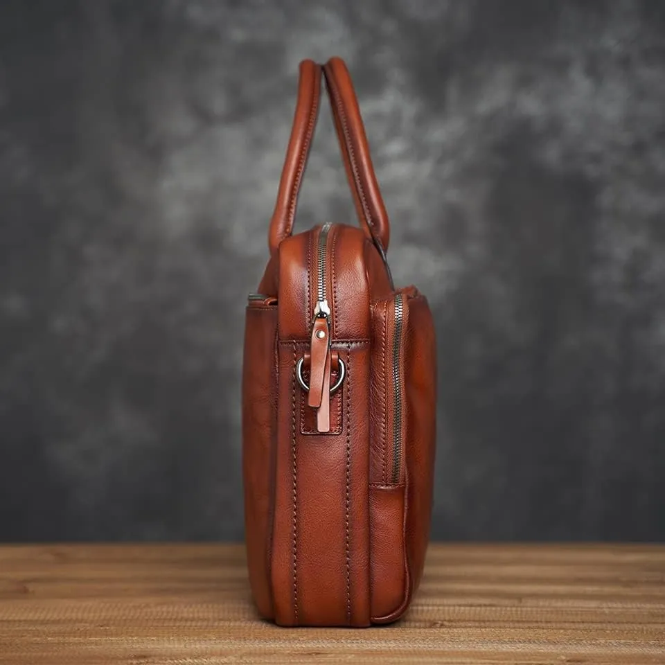 Vintage Genuine Leather Bag Briefcase Men's Shoulder Bag Man Handbag Brown Red Casual 15.6 Inch Laptop Bag