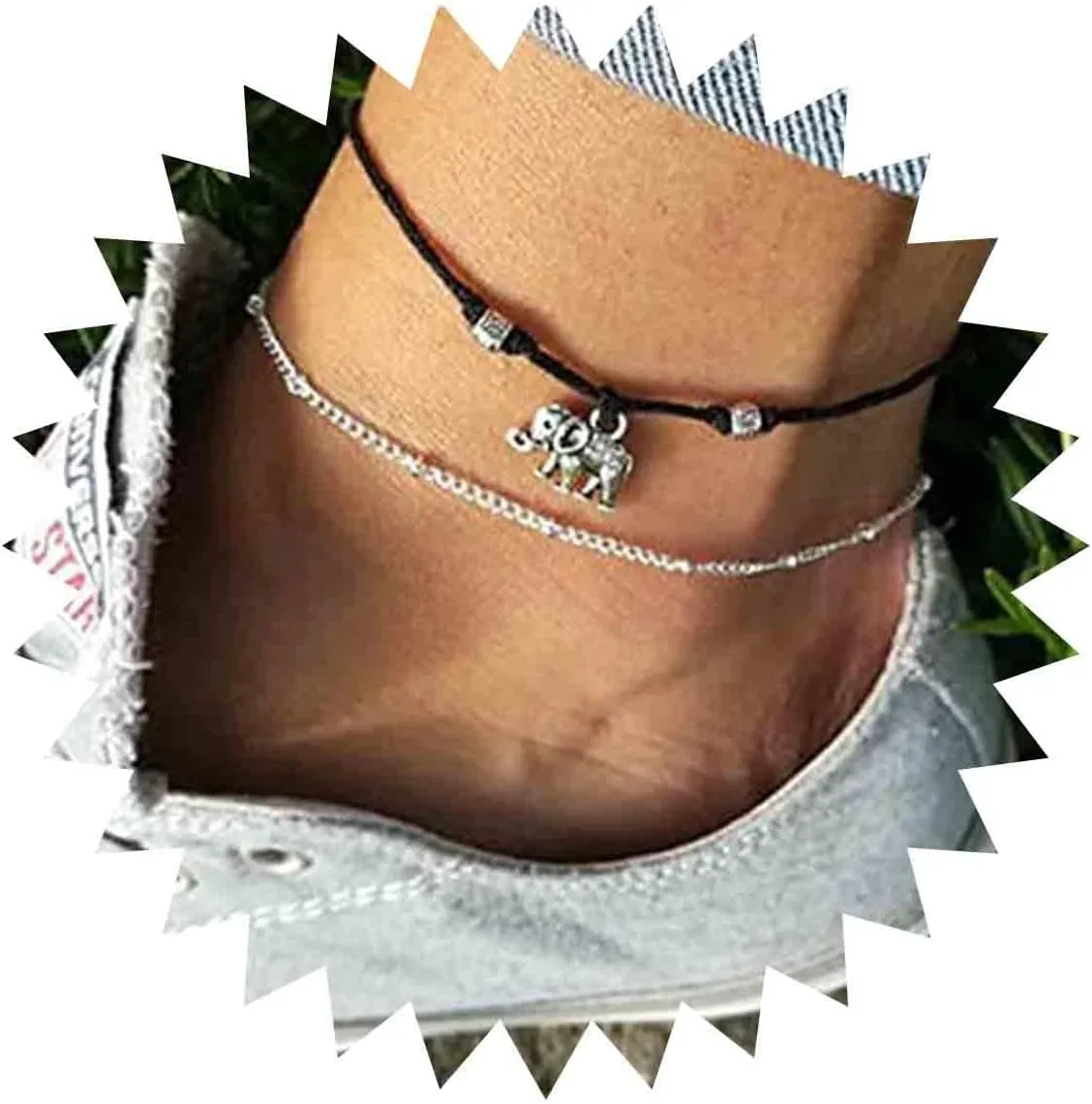 Vintage Layered Elephant Ankle Bracelet Silver Elephant Dangle Anklets Black Rope Chain Ankle Bracelet Black Wax Rope Ankle Bracelet Summer Foot Chain Jewelry for Women Gifts