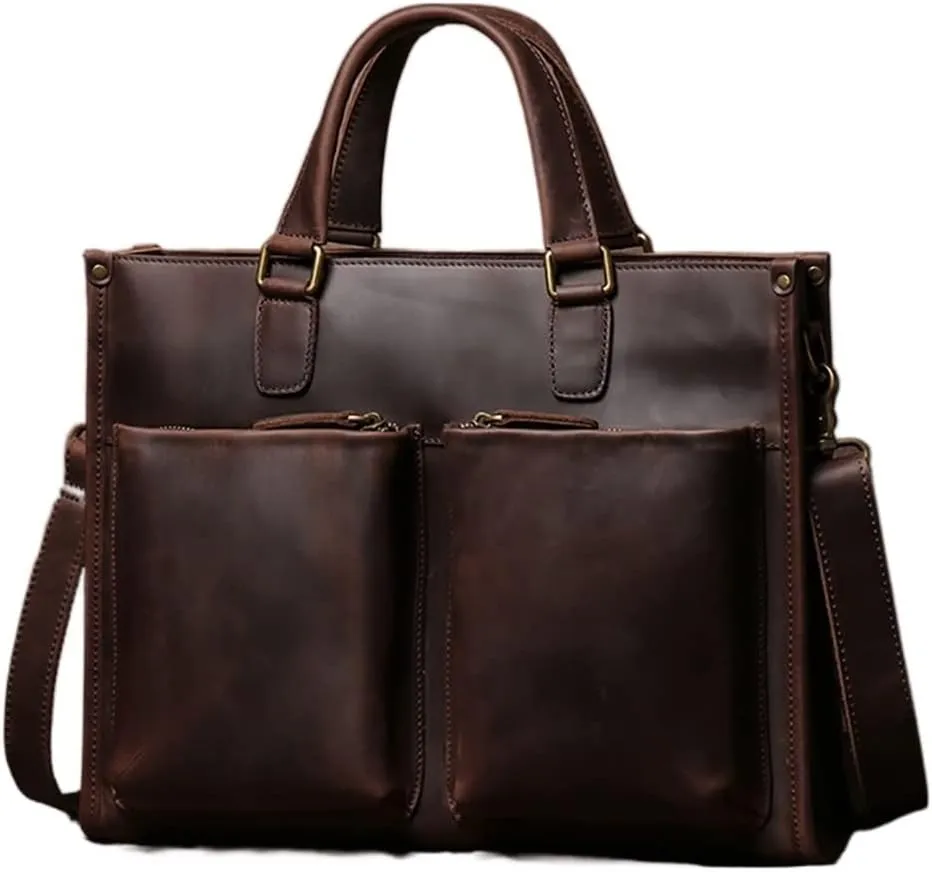 Vintage Man Handbag Briefcase Men Shoulder Genuine Leather Bags Brown 14 Inch Laptop Bag