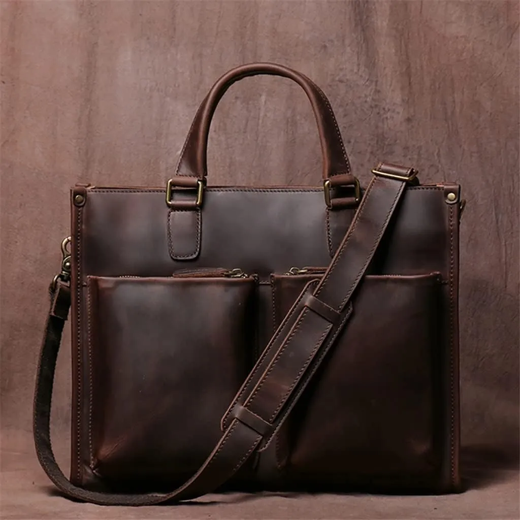 Vintage Man Handbag Briefcase Men Shoulder Genuine Leather Bags Brown 14 Inch Laptop Bag
