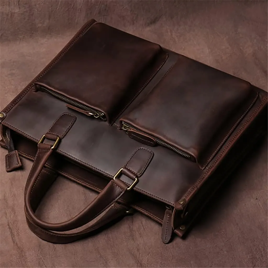 Vintage Man Handbag Briefcase Men Shoulder Genuine Leather Bags Brown 14 Inch Laptop Bag