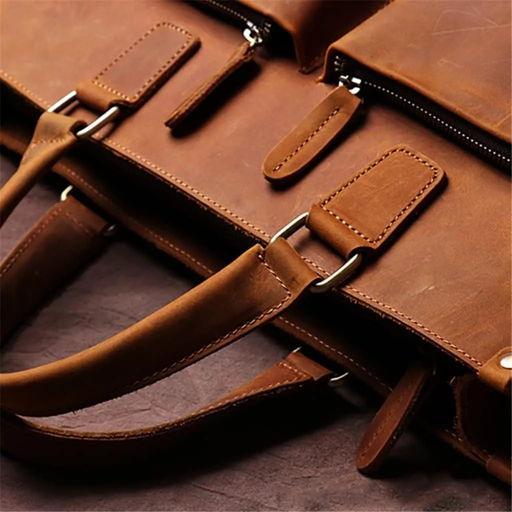 Vintage Man Handbag Briefcase Men Shoulder Genuine Leather Bags Brown Business 14 Inch Laptop Bag