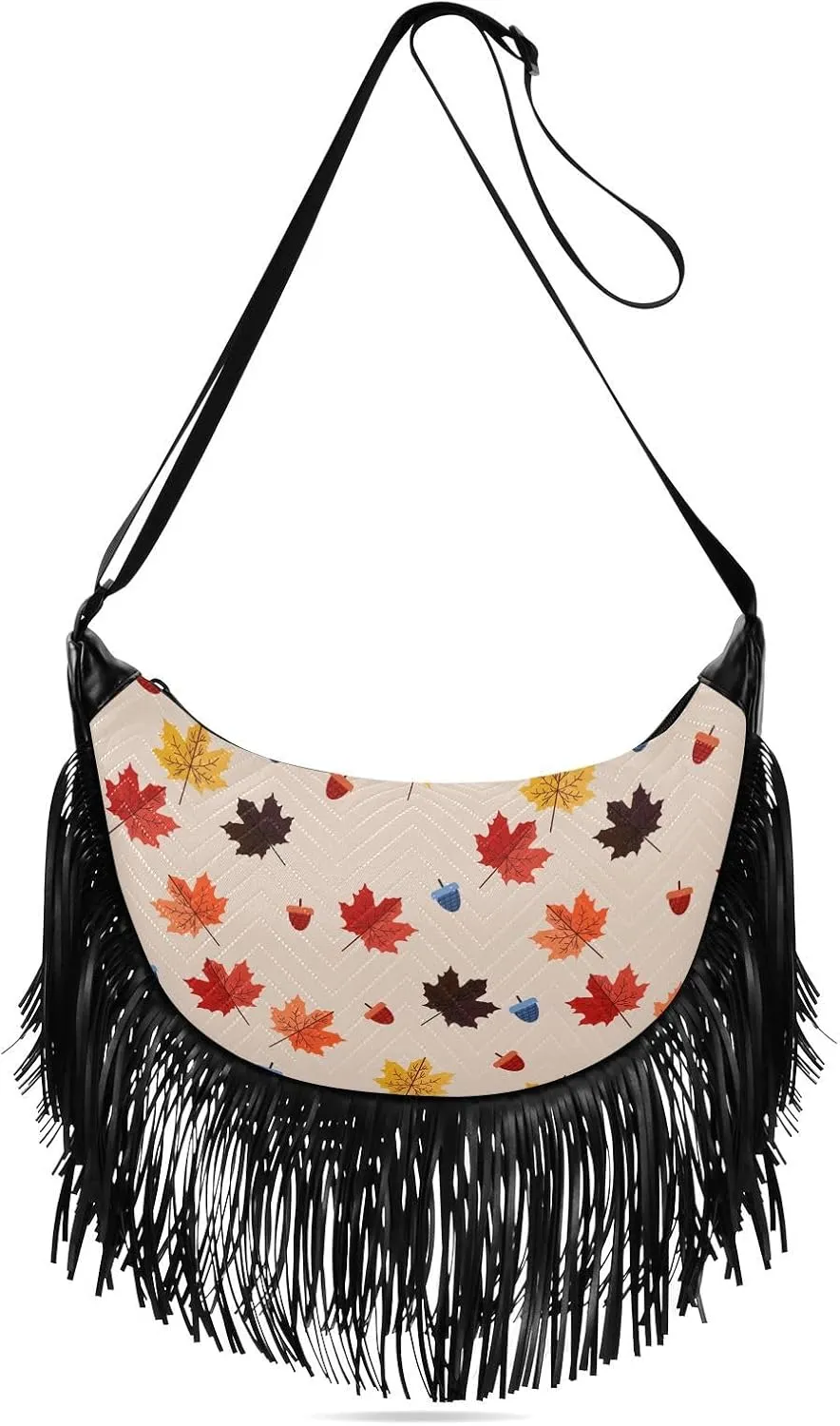 Vintage Maple Leaves Pattern Fringe Bag for Women Cross Body Bag Tassel Shoulder Bag Satchel