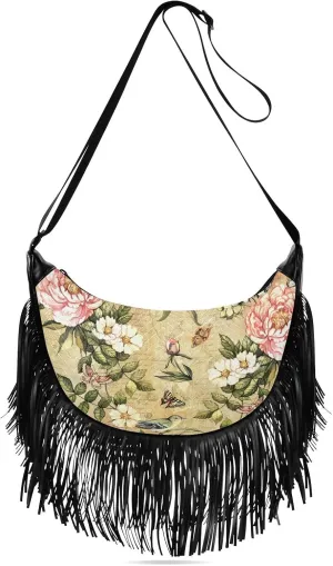 Vintage Painting Flowers Butterfly Fringe Bag for Women Cross Body Bag Tassel Shoulder Bag Satchel
