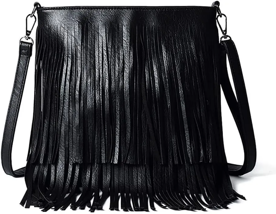 Vintage Tassel Shoulder Bags for Women PU Leather Satchel Fashion Crossbody Bag Zipper Hobo Bag Handbag (Grey)