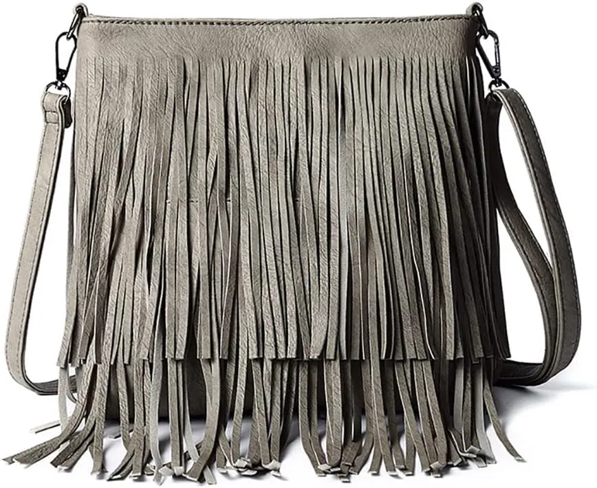 Vintage Tassel Shoulder Bags for Women PU Leather Satchel Fashion Crossbody Bag Zipper Hobo Bag Handbag (Grey)