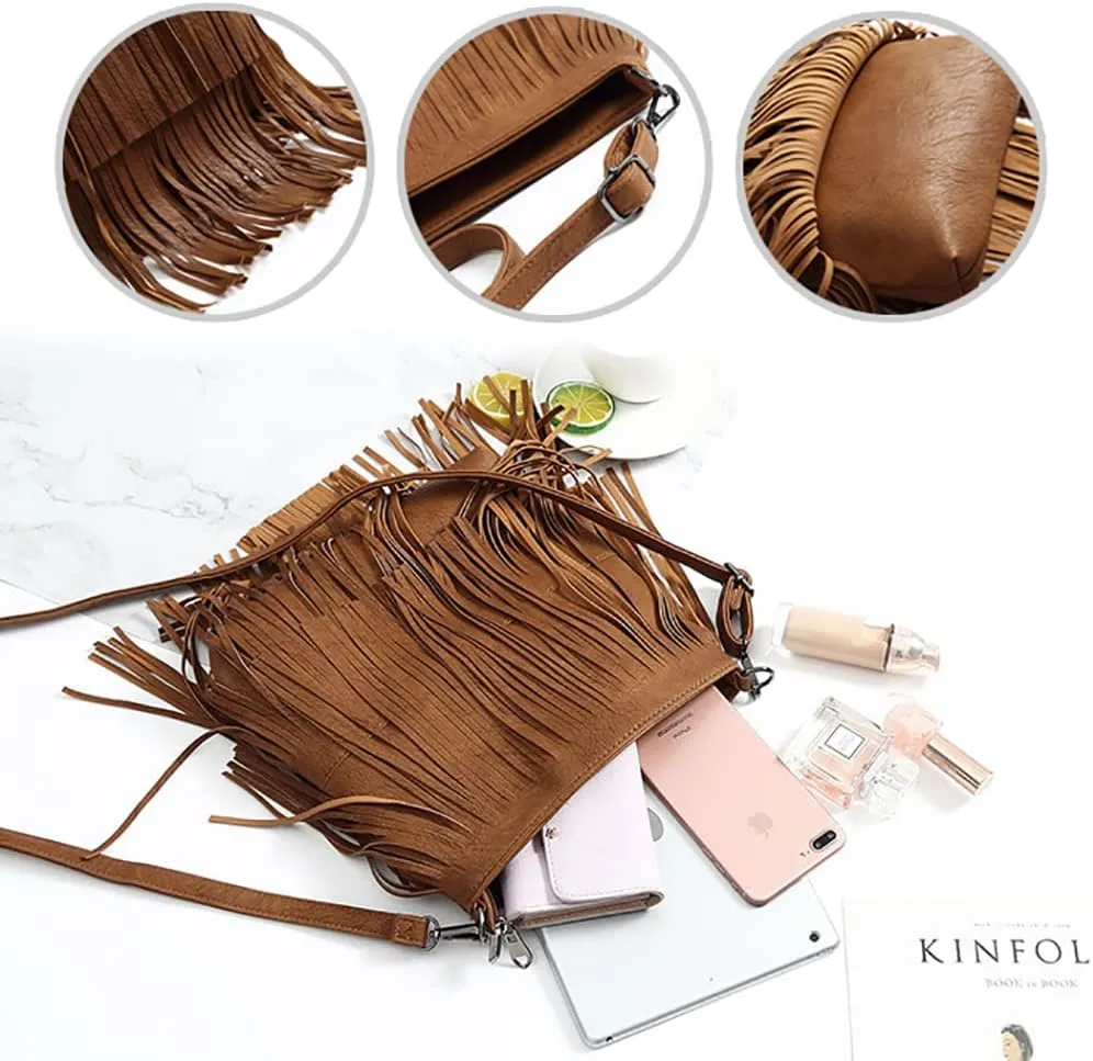 Vintage Tassel Shoulder Bags for Women PU Leather Satchel Fashion Crossbody Bag Zipper Hobo Bag Handbag (Grey)