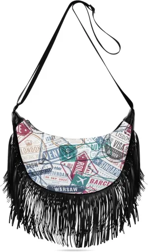 Vintage Travel Stamp Fringe Bag for Women Cross Body Bag Tassel Shoulder Bag Satchel