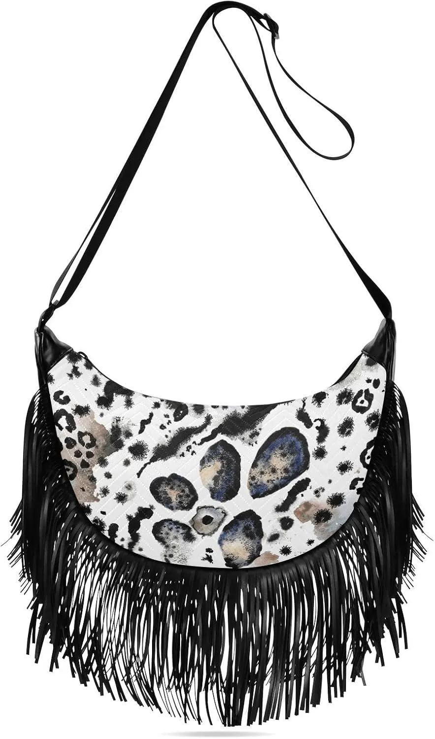 Watercolor Leopard Print Fringe Bag for Women Cross Body Bag Tassel Shoulder Bag Satchel