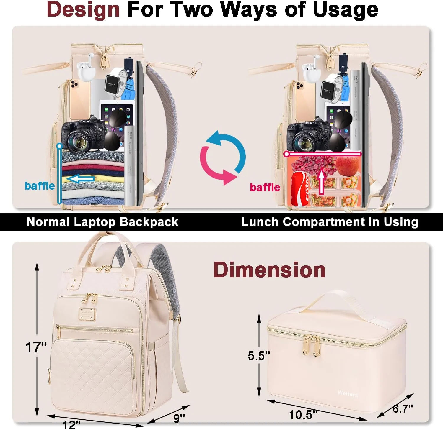 Weitars Lunch Backpack For Women,15.6 Inch Laptop Backpacks For Womens Back pack, Travel Backpacks,Work Back packs For Women (Beige)