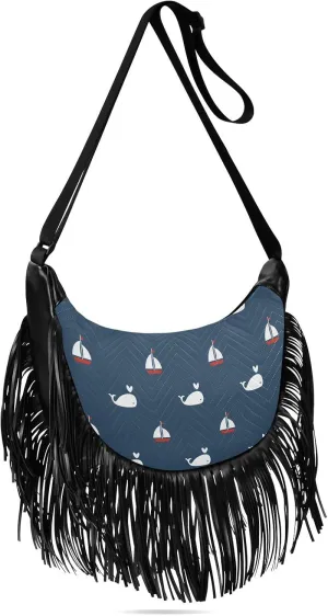 Whales Sailing Boat Fringe Bag for Women Cross Body Bag Tassel Shoulder Bag Satchel