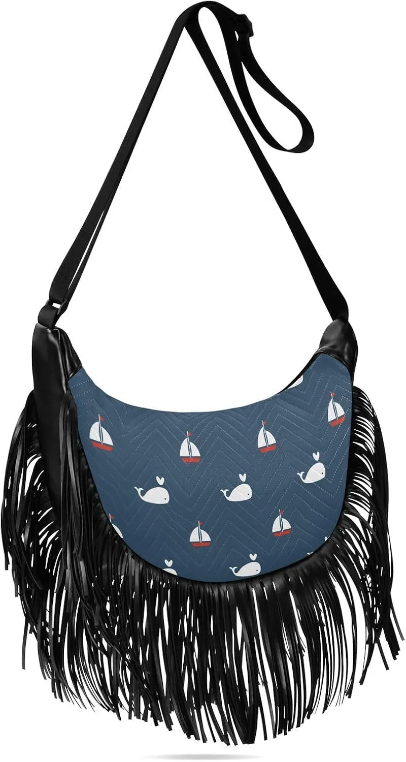Whales Sailing Boat Fringe Bag for Women Cross Body Bag Tassel Shoulder Bag Satchel