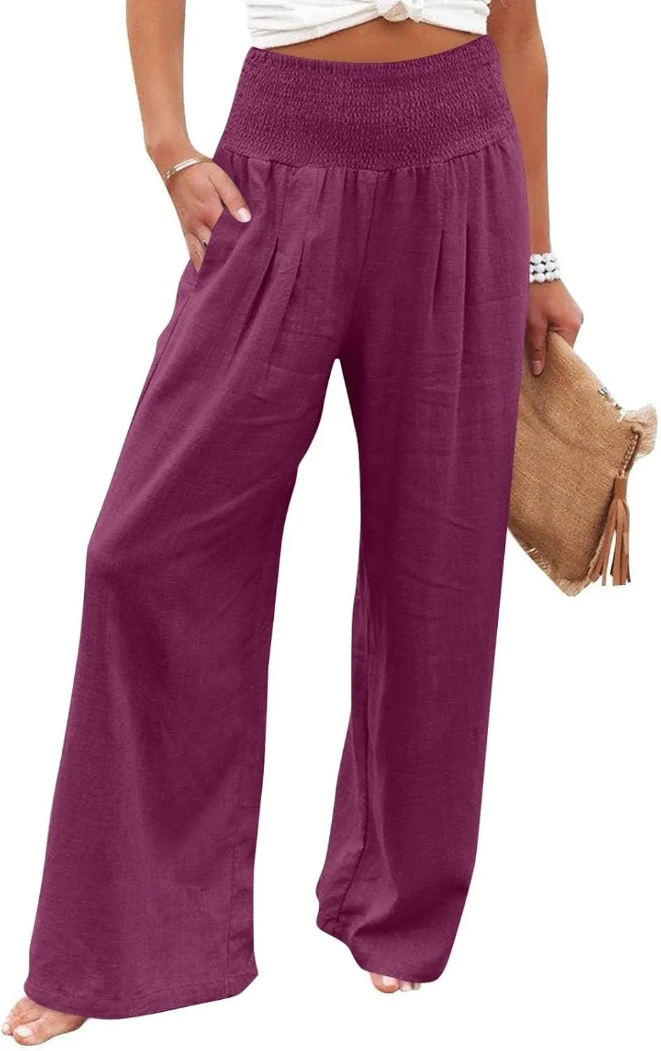 Wide Leg Linen Pants for Women High Waist Summer Palazzo Pants Smocked Elastic Pant Dressy Trouser with Pockets