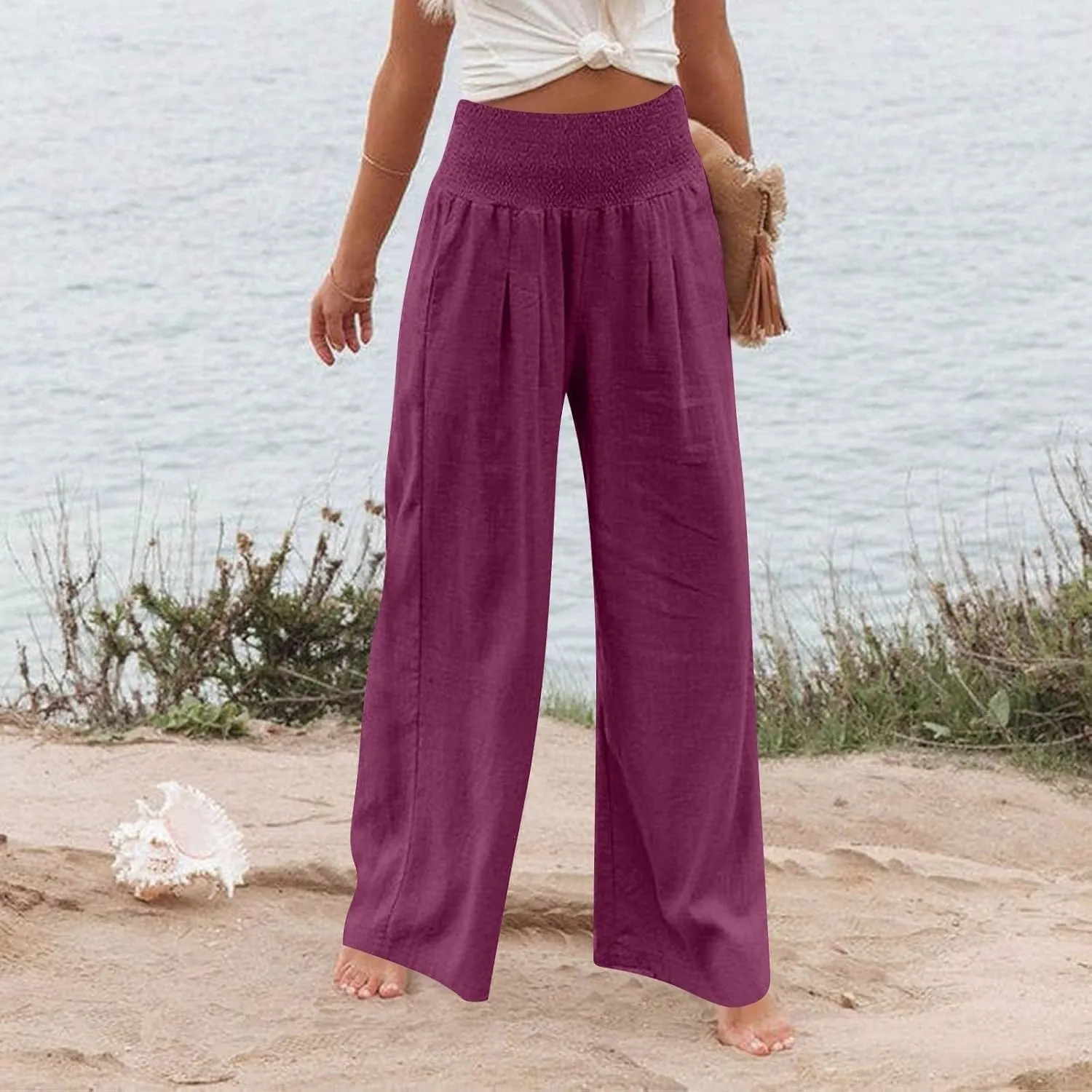 Wide Leg Linen Pants for Women High Waist Summer Palazzo Pants Smocked Elastic Pant Dressy Trouser with Pockets