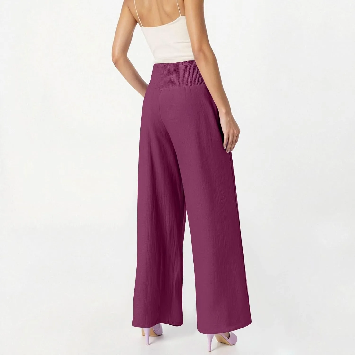 Wide Leg Linen Pants for Women High Waist Summer Palazzo Pants Smocked Elastic Pant Dressy Trouser with Pockets