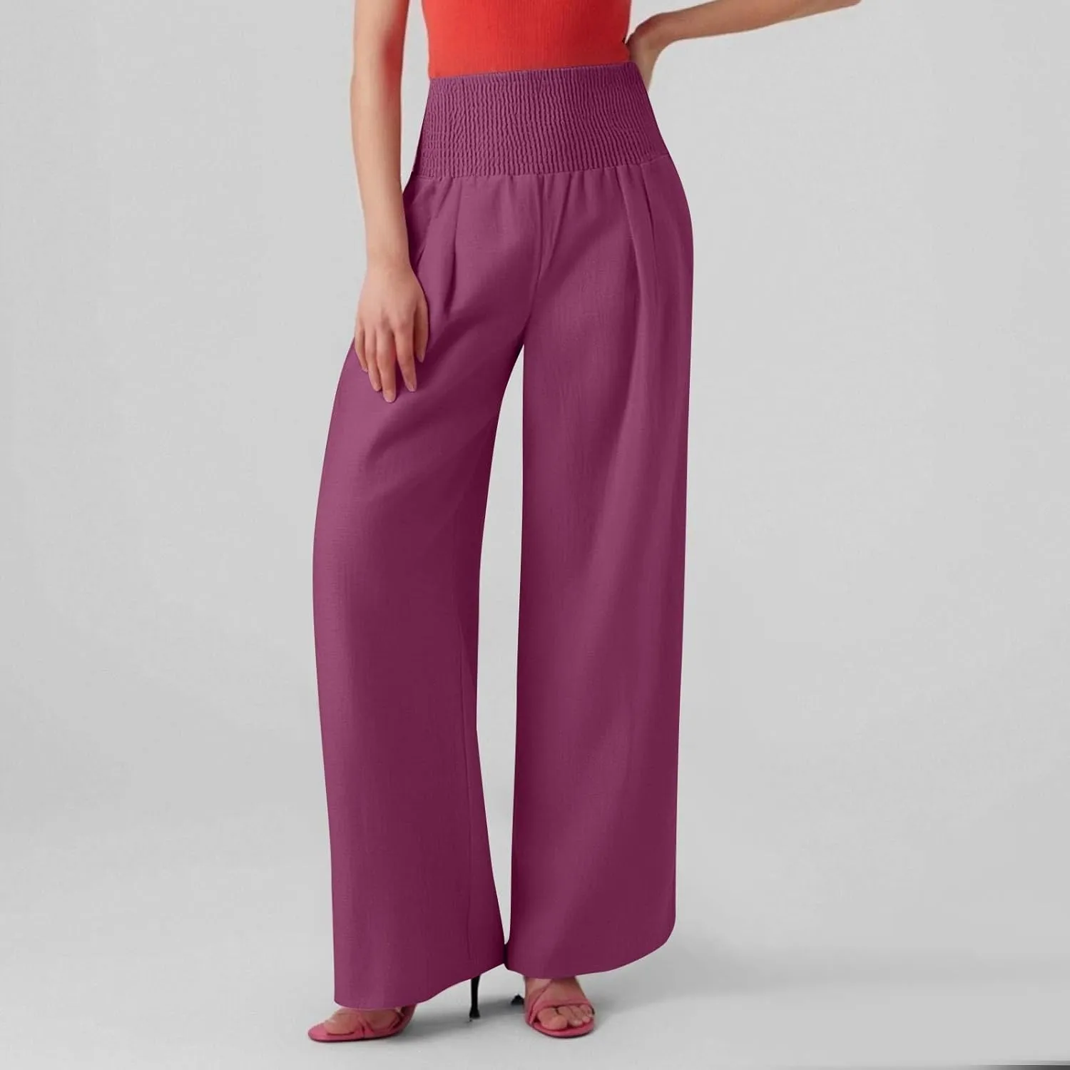 Wide Leg Linen Pants for Women High Waist Summer Palazzo Pants Smocked Elastic Pant Dressy Trouser with Pockets