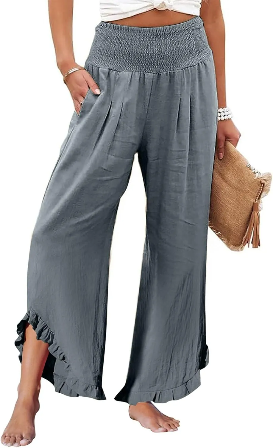 Wide Leg Linen Pants for Women Smocked Elastic Waist Ruffle Hem Palazzo Pants Summer Casual Loose Beach Pants