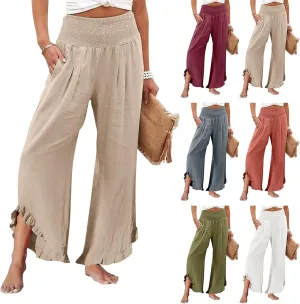 Wide Leg Linen Pants for Women Smocked Elastic Waist Ruffle Hem Palazzo Pants Summer Casual Loose Beach Pants