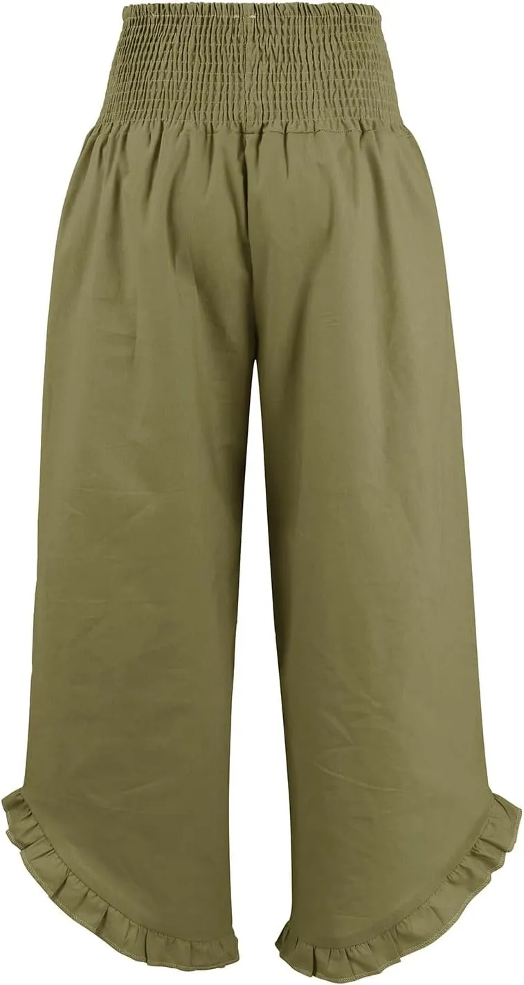 Wide Leg Linen Pants for Women Smocked Elastic Waist Ruffle Hem Palazzo Pants Summer Casual Loose Beach Pants