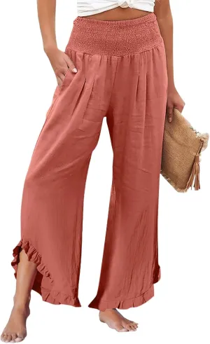 Wide Leg Linen Pants for Women Smocked Elastic Waist Ruffle Hem Palazzo Pants Summer Casual Loose Beach Pants