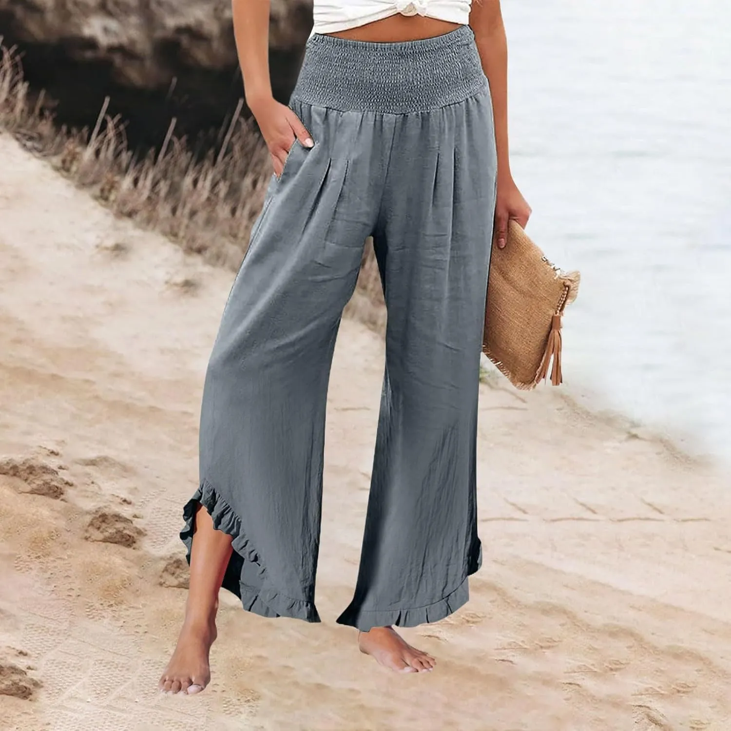 Wide Leg Linen Pants for Women Smocked Elastic Waist Ruffle Hem Palazzo Pants Summer Casual Loose Beach Pants