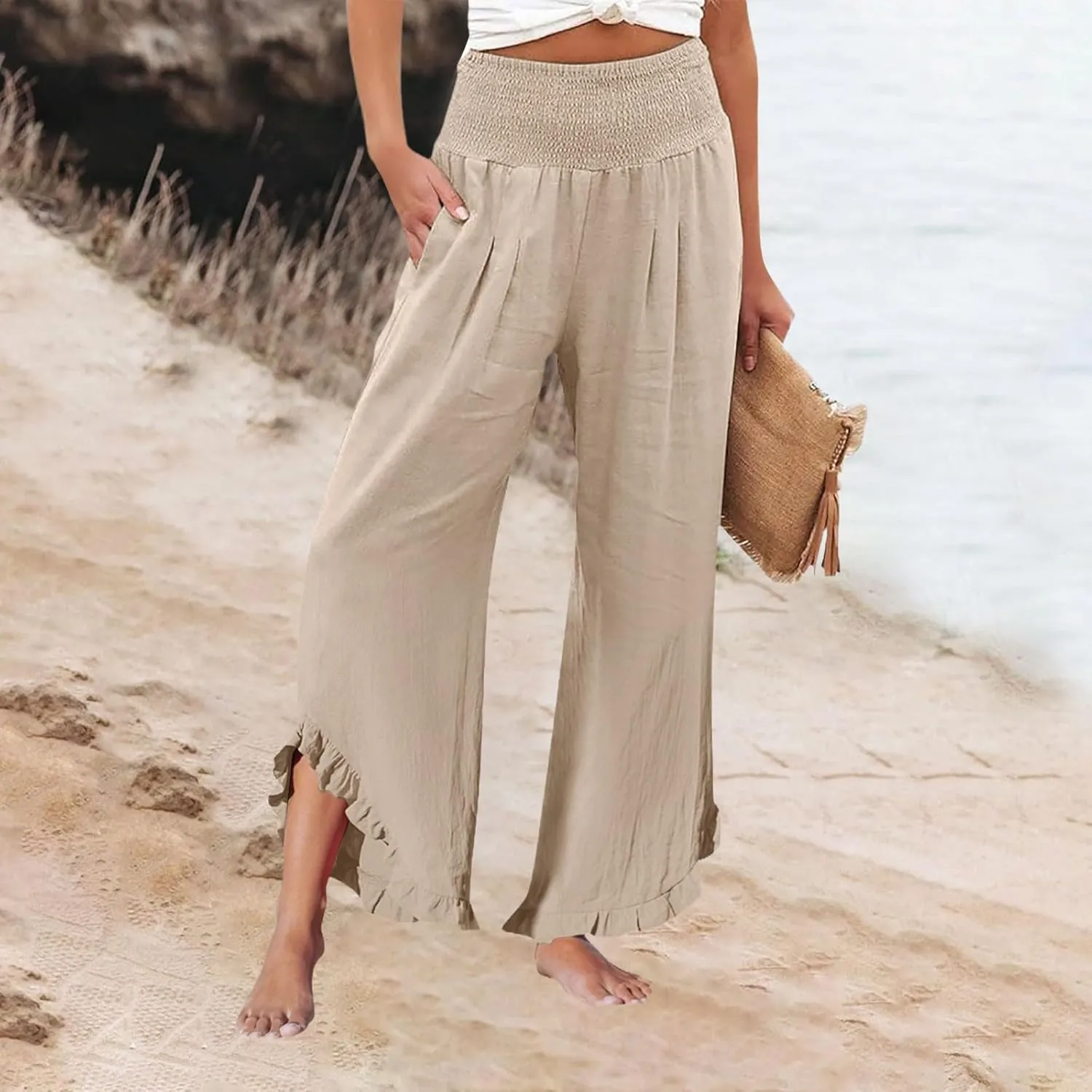 Wide Leg Linen Pants for Women Smocked Elastic Waist Ruffle Hem Palazzo Pants Summer Casual Loose Beach Pants
