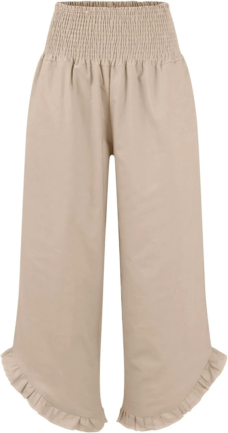 Wide Leg Linen Pants for Women Smocked Elastic Waist Ruffle Hem Palazzo Pants Summer Casual Loose Beach Pants