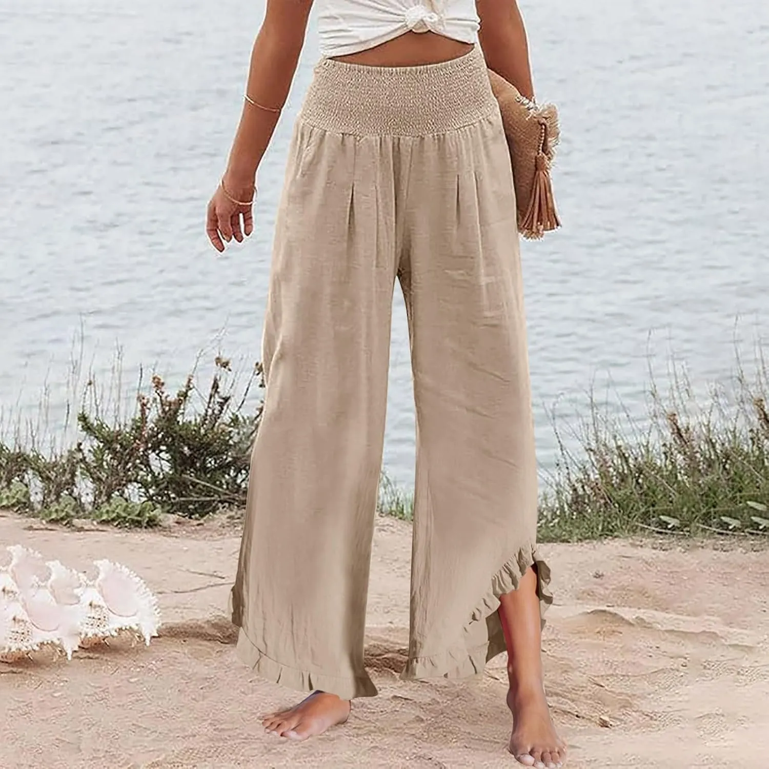 Wide Leg Linen Pants for Women Smocked Elastic Waist Ruffle Hem Palazzo Pants Summer Casual Loose Beach Pants