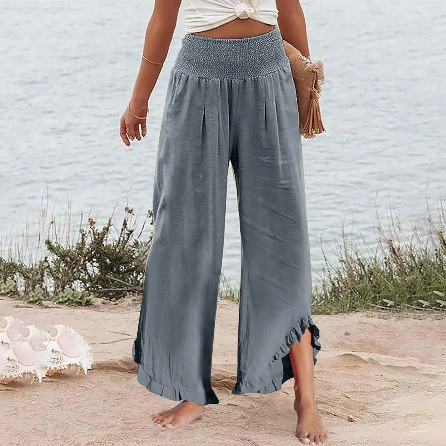 Wide Leg Linen Pants for Women Smocked Elastic Waist Ruffle Hem Palazzo Pants Summer Casual Loose Beach Pants