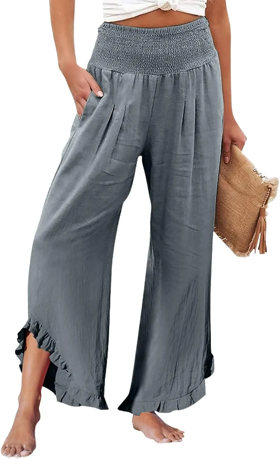 Wide Leg Linen Pants for Women Smocked Elastic Waist Ruffle Hem Palazzo Pants Summer Casual Loose Beach Pants