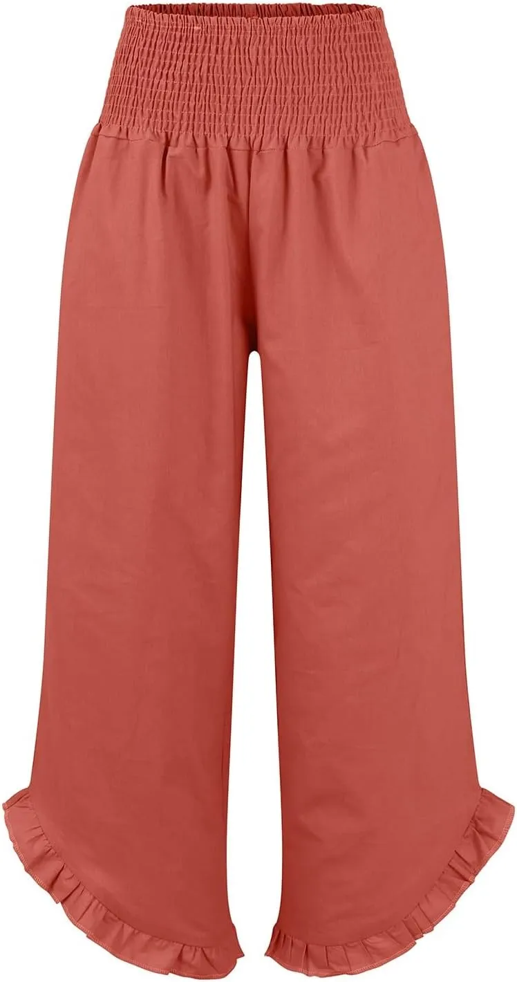 Wide Leg Linen Pants for Women Smocked Elastic Waist Ruffle Hem Palazzo Pants Summer Casual Loose Beach Pants