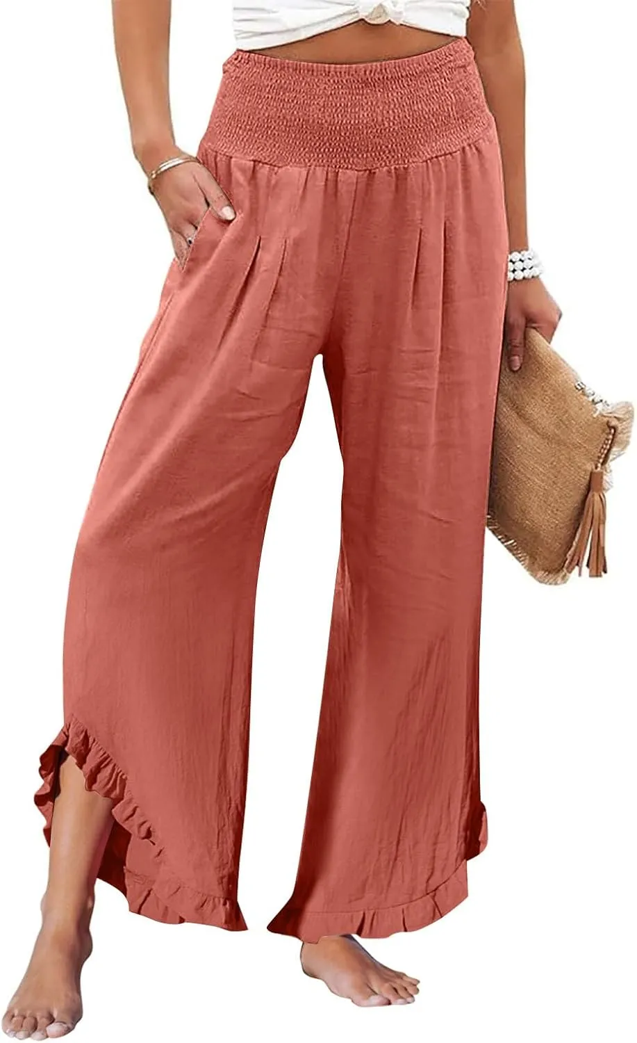Wide Leg Linen Pants for Women Smocked Elastic Waist Ruffle Hem Palazzo Pants Summer Casual Loose Beach Pants