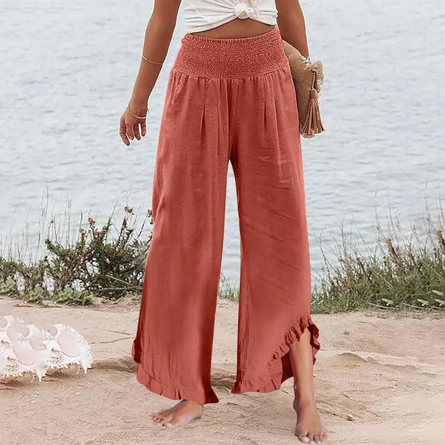 Wide Leg Linen Pants for Women Smocked Elastic Waist Ruffle Hem Palazzo Pants Summer Casual Loose Beach Pants