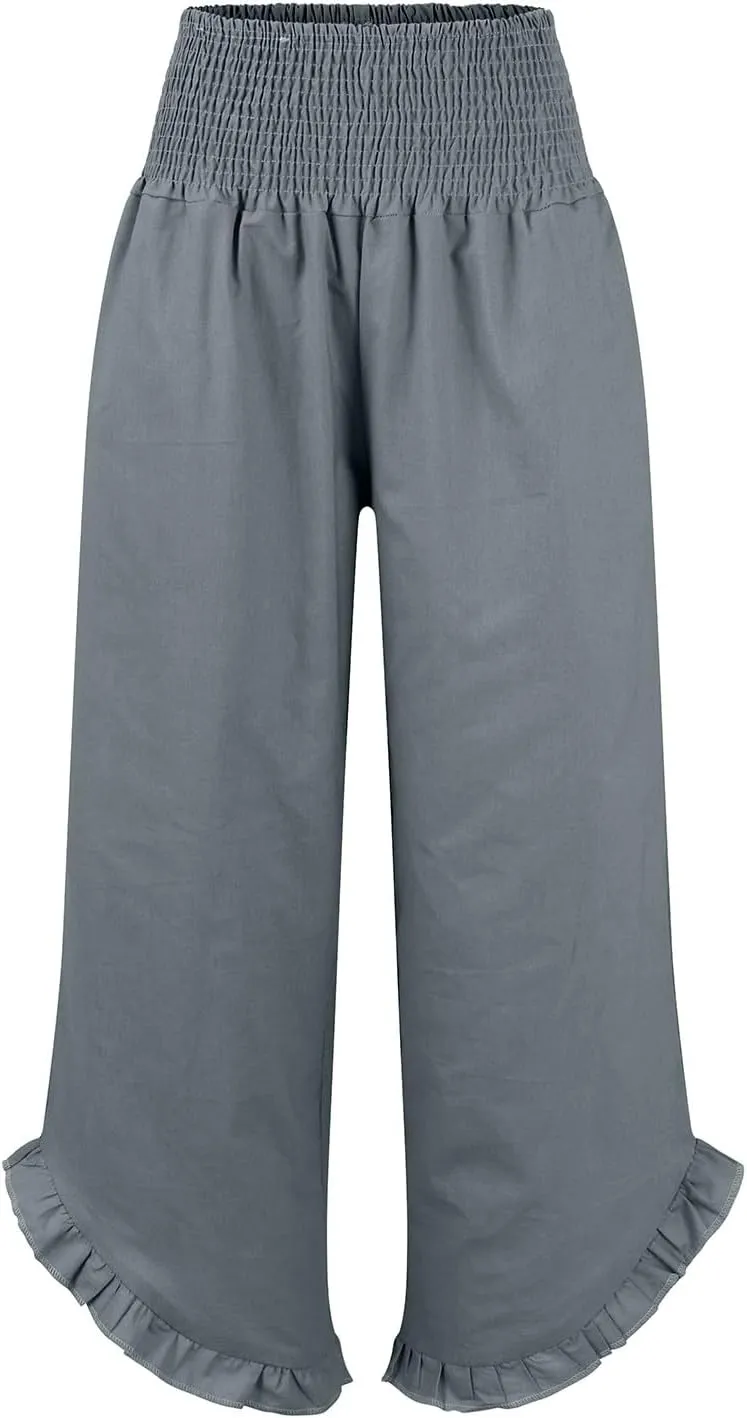 Wide Leg Linen Pants for Women Smocked Elastic Waist Ruffle Hem Palazzo Pants Summer Casual Loose Beach Pants