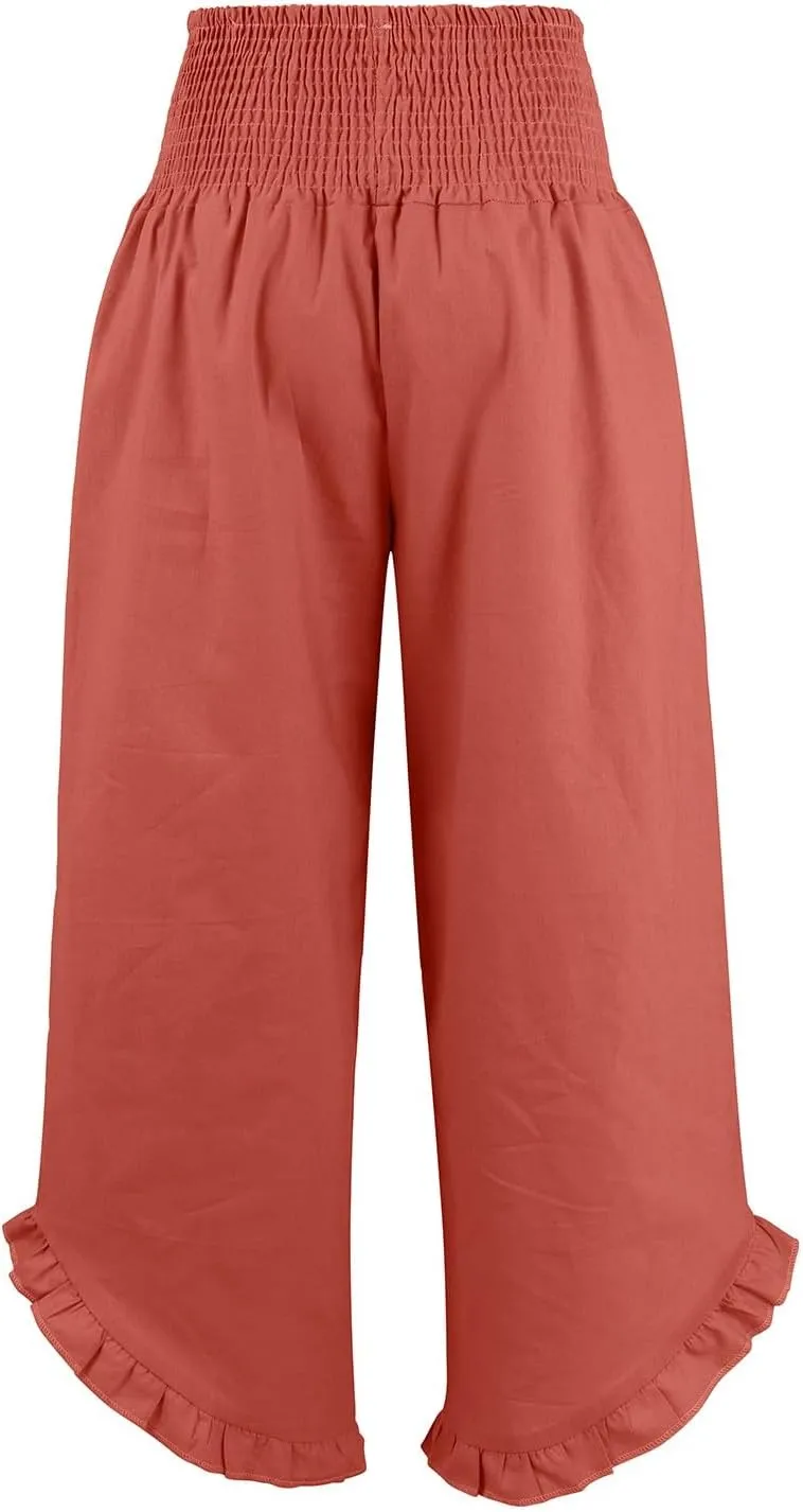Wide Leg Linen Pants for Women Smocked Elastic Waist Ruffle Hem Palazzo Pants Summer Casual Loose Beach Pants