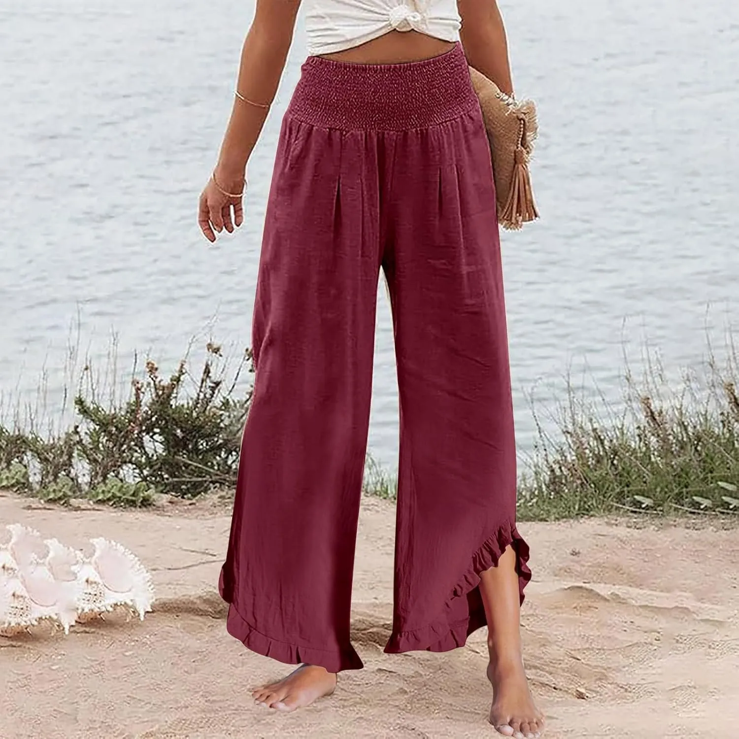 Wide Leg Linen Pants for Women Smocked Elastic Waist Ruffle Hem Palazzo Pants Summer Casual Loose Beach Pants