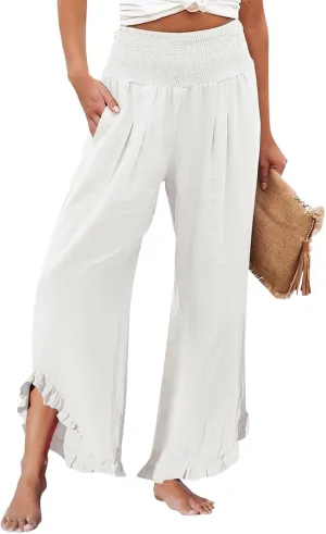 Wide Leg Linen Pants for Women Smocked Elastic Waist Ruffle Hem Palazzo Pants Summer Casual Loose Beach Pants
