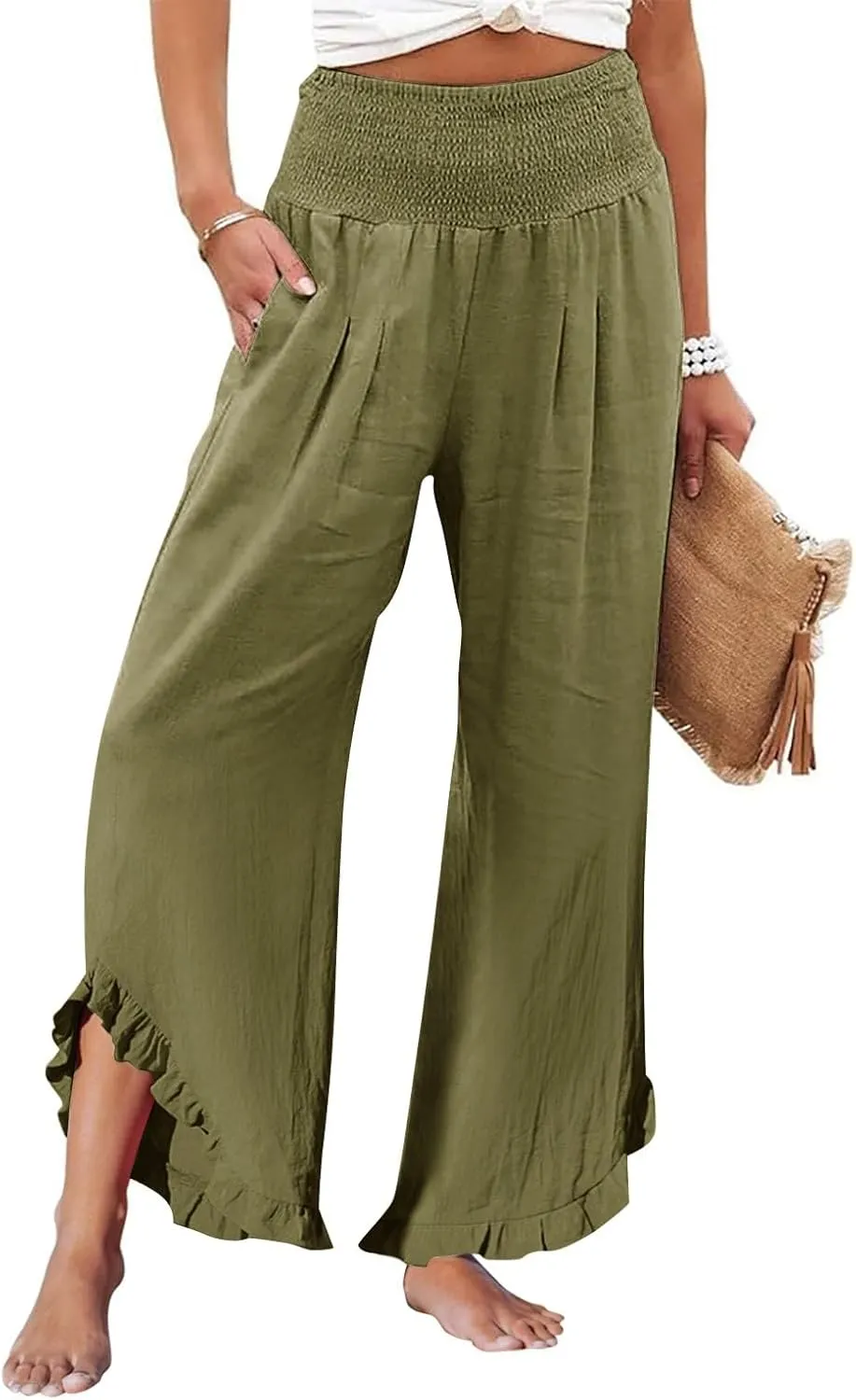 Wide Leg Linen Pants for Women Smocked Elastic Waist Ruffle Hem Palazzo Pants Summer Casual Loose Beach Pants